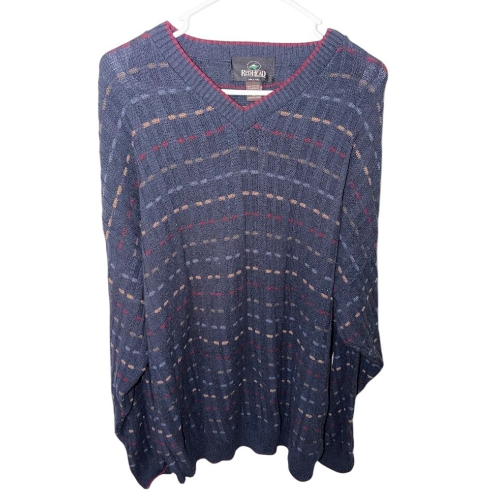 RedHead Mens XL Navy Blue V-Neck Textured Knit Cotton Blend Sweater Made in USA